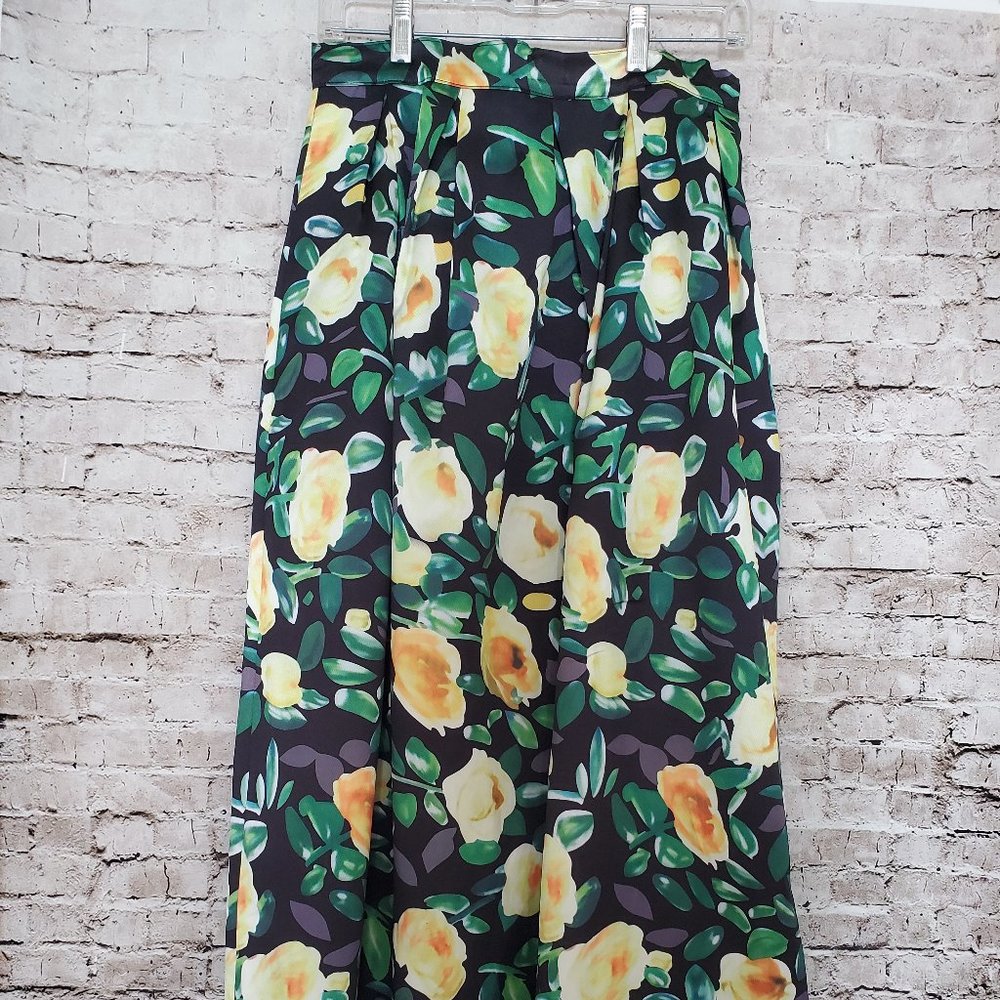Maxi Skirt L Black Yellow Floral Full with Pleated Waist Fully Lined